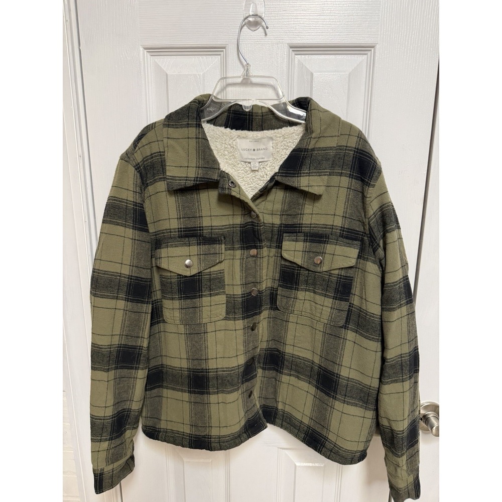 Lucky Brand Sherpa Lined Shacket  Plaid‎ Olive Green Utility Overshirt Women's L